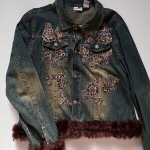 Vintage Jean Jacket Beaded Denim Faux Fur Trim Western Glam Embroidered